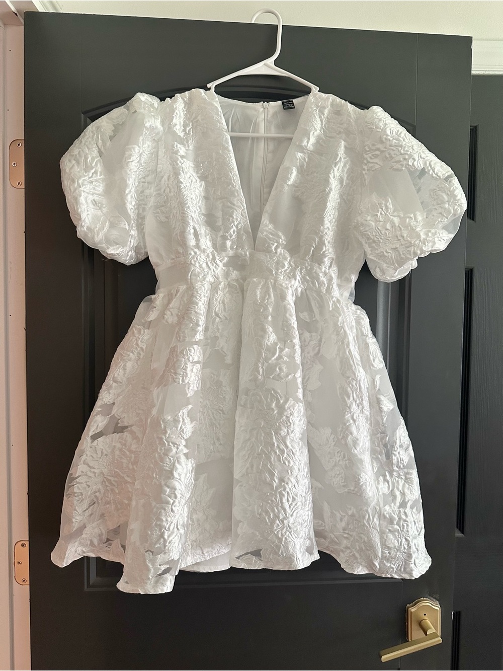 Textured White Puff-Sleeve Mini Dress with V-Neck